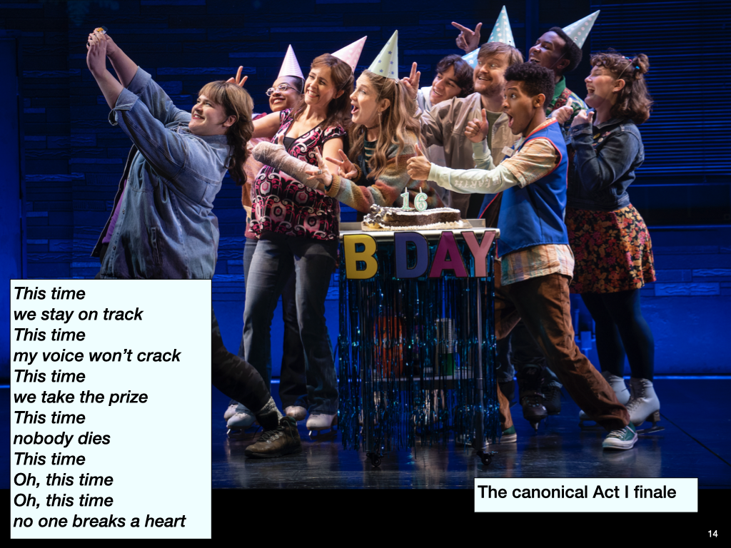 The full company on stage together at the end of Act I, taking a group photo.