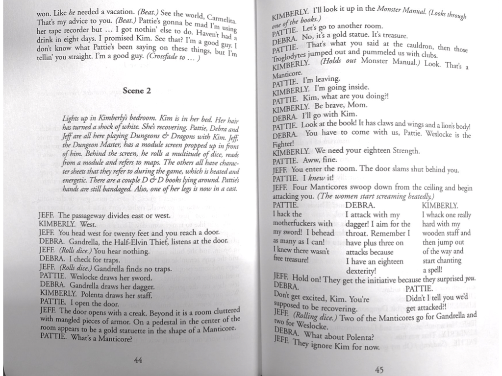 A scanned page of the original Kimberly Akimbo play showing the Dungeons & Dragons scene.