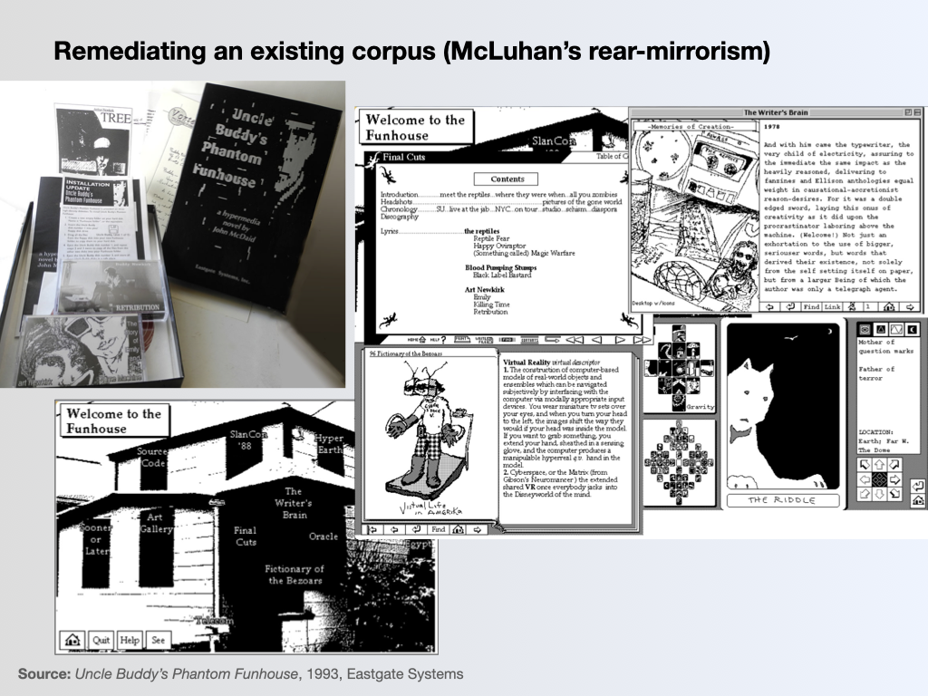 Slide 8: "Remediating an existing corpus (McLuhan's rear-mirrorism)"