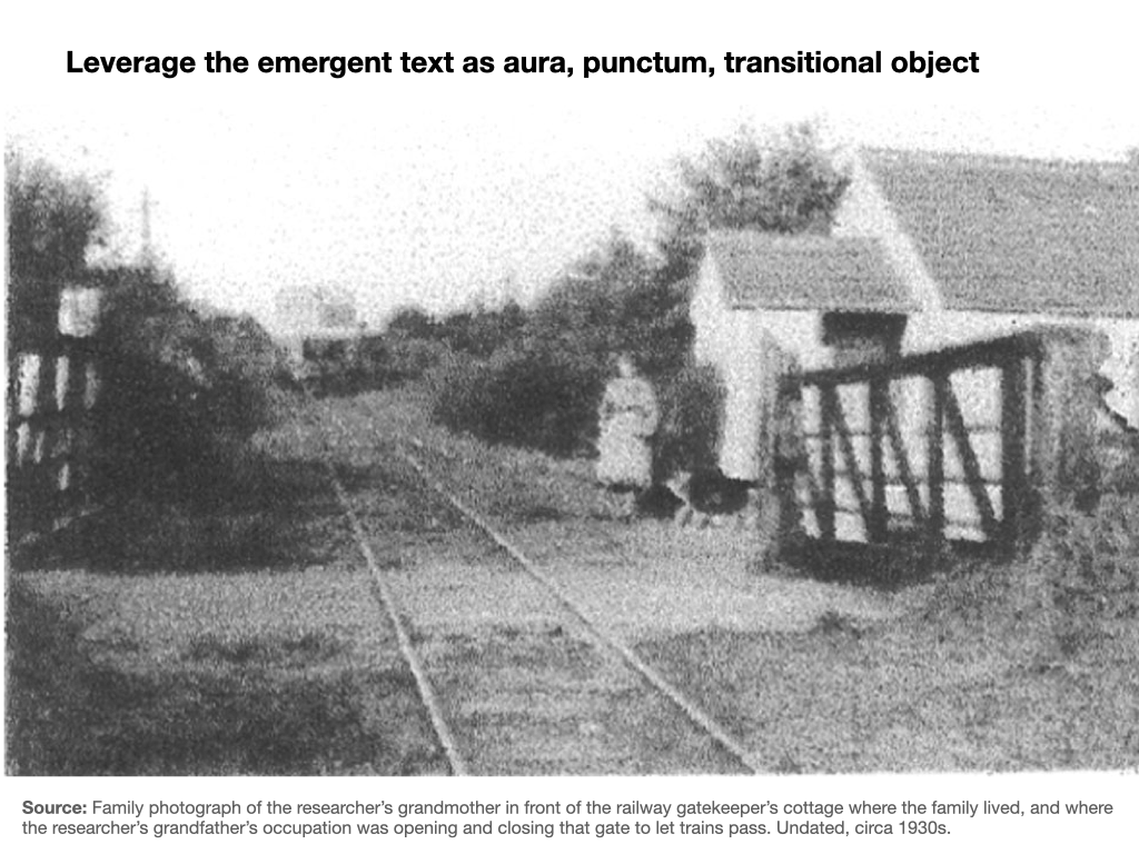 Slide 36: "Leverage the emergent text as aura, punctum, transitional object" 