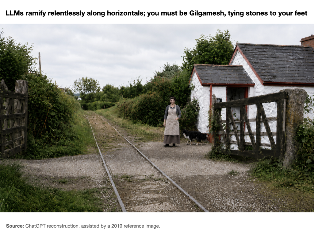 Slide 37: "LLMs ramify relentlessly along horizontals; you must be Gilgamesh, tying stones to your feet"